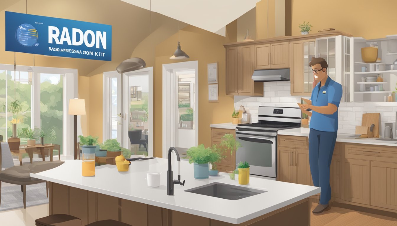 A home with a radon testing kit on the kitchen counter, a person reading an informational pamphlet, and a poster promoting Radon Awareness Month on the wall