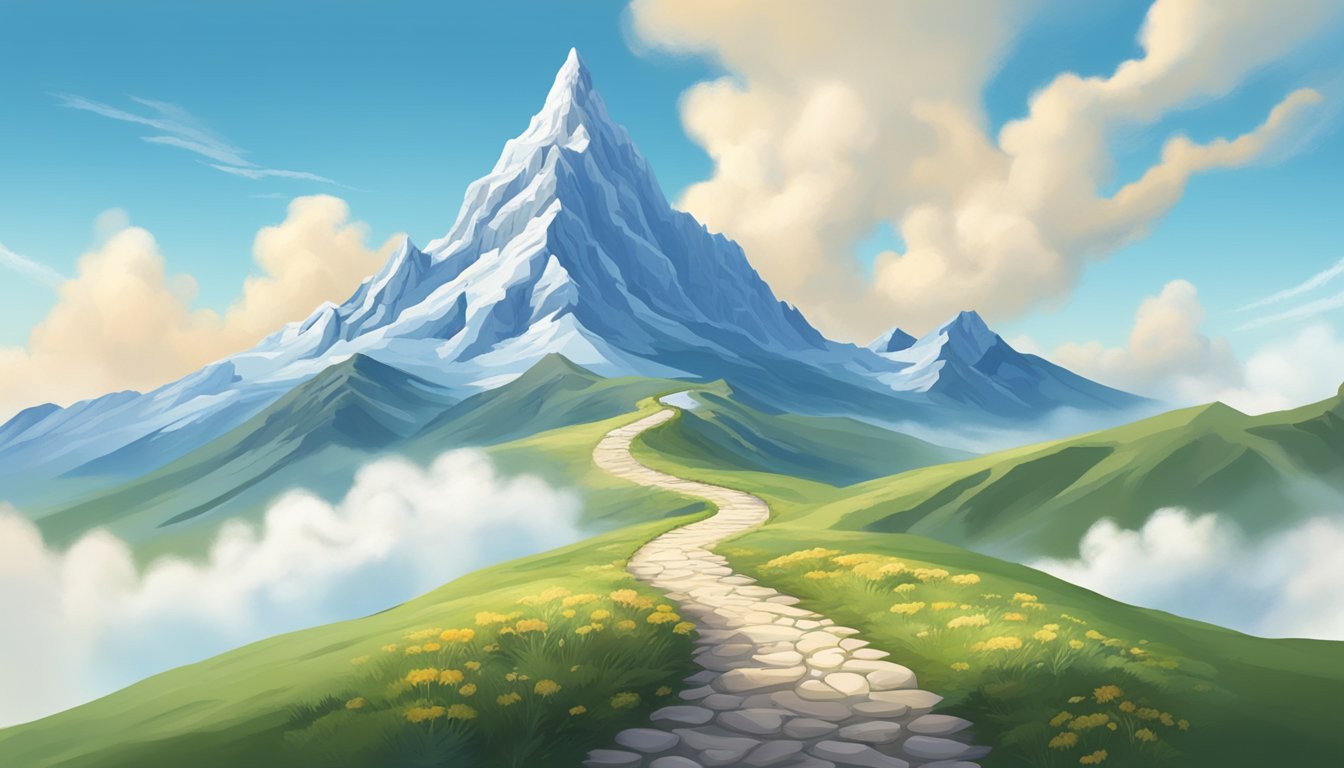 A mountain peak with a winding path leading to the top, surrounded by clouds and a clear blue sky