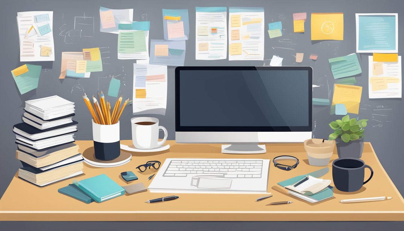 A desk with a notepad, pen, and motivational quotes on the wall. A vision board with images of success and achievement. Books on psychology and goal setting