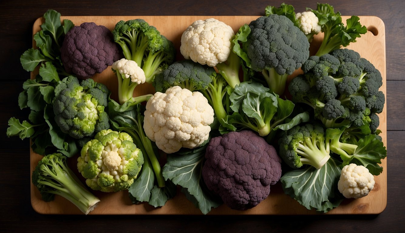 A colorful array of cruciferous vegetables, such as broccoli, cauliflower, kale, and Brussels sprouts, arranged on a wooden cutting board, surrounded by vibrant green leaves