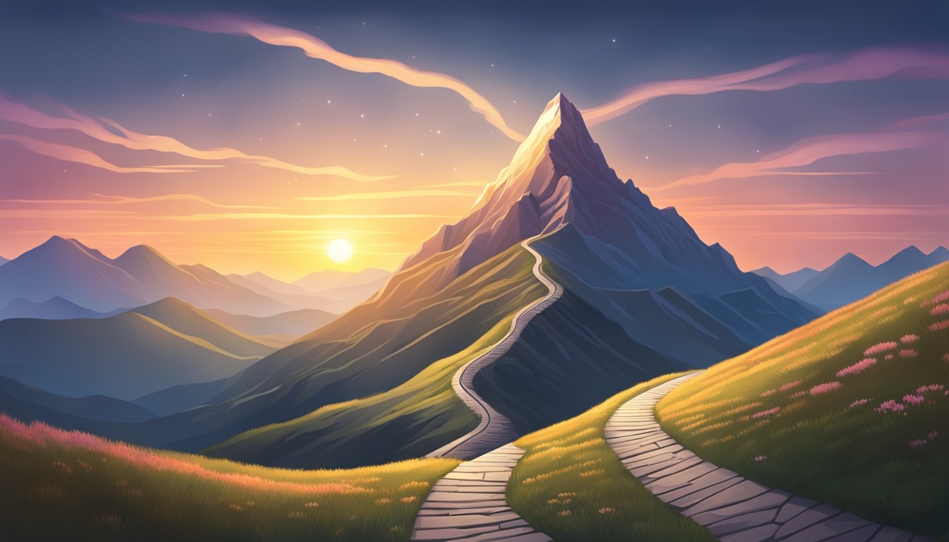 A mountain peak towering above a winding path leading to a glowing horizon, symbolizing the journey towards success through goal setting
