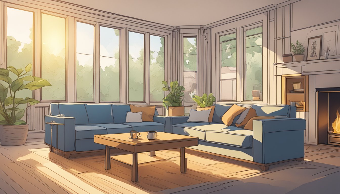 A cozy living room with a crack in the foundation. A radon test kit sits on the coffee table. Sunlight streams in, highlighting the potential danger