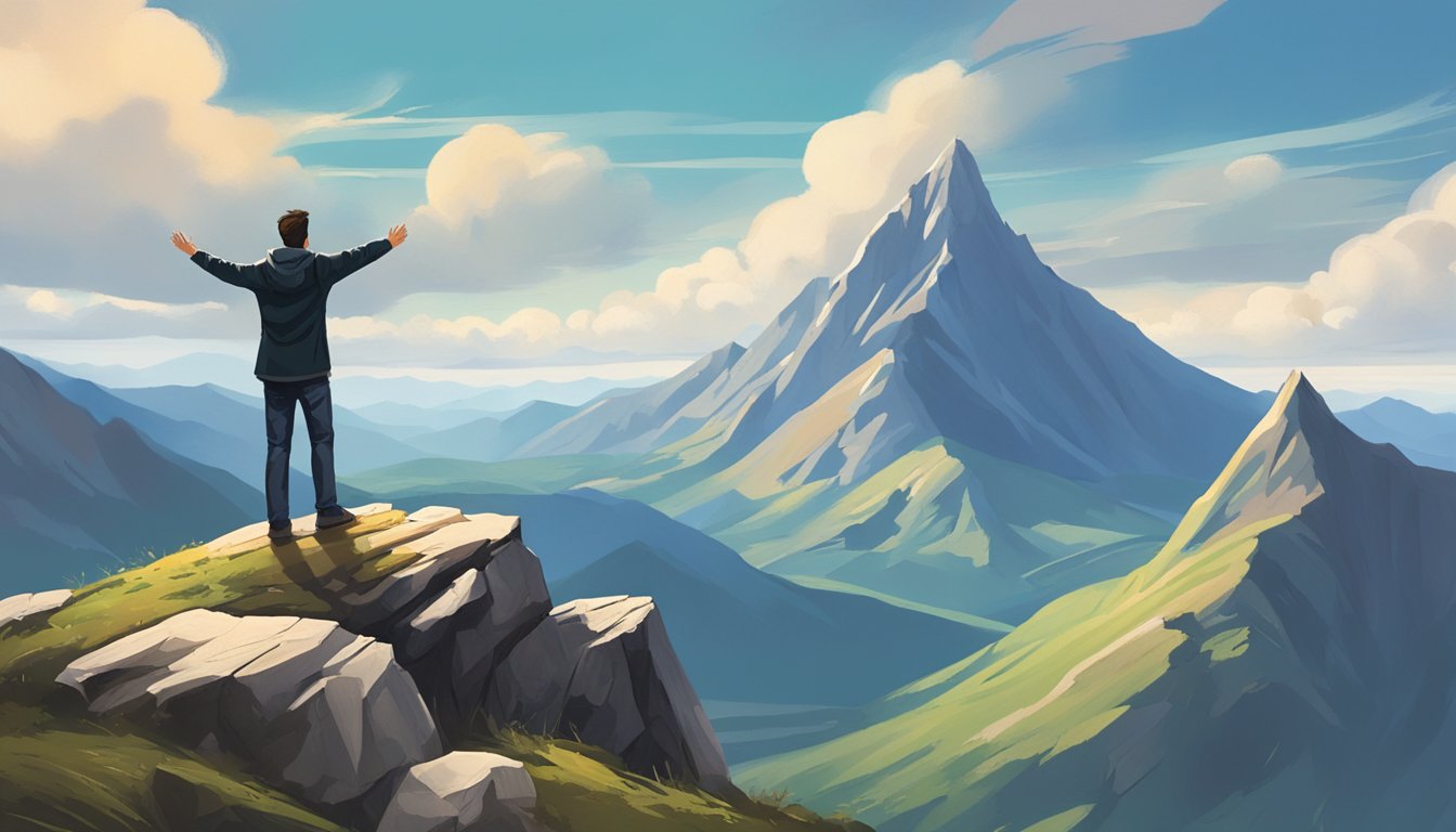 A lone figure stands atop a mountain peak, arms raised in victory, overlooking a vast and awe-inspiring landscape