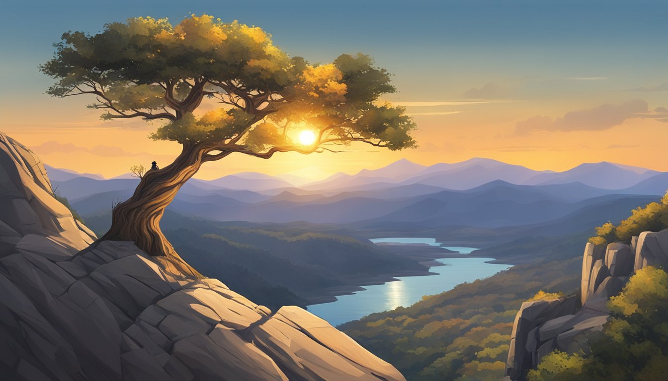 A lone tree stands tall on a rocky cliff, its branches reaching towards the sky. The sun sets behind it, casting a warm glow over the landscape