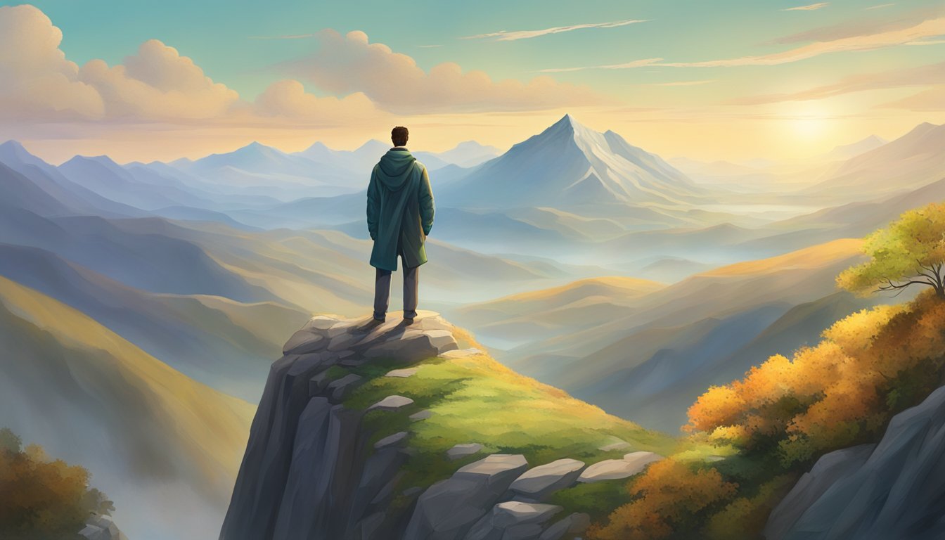 A lone figure stands atop a mountain peak, gazing out at a vast and awe-inspiring landscape, symbolizing the triumph of inner growth and personal fulfillment over material success
