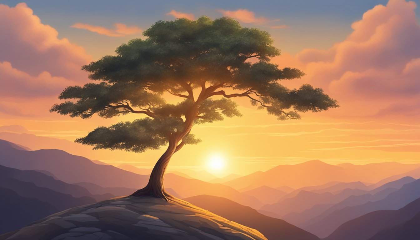 A lone tree stands tall on a mountain peak, symbolizing personal growth. The sun sets behind it, casting a warm glow on the landscape