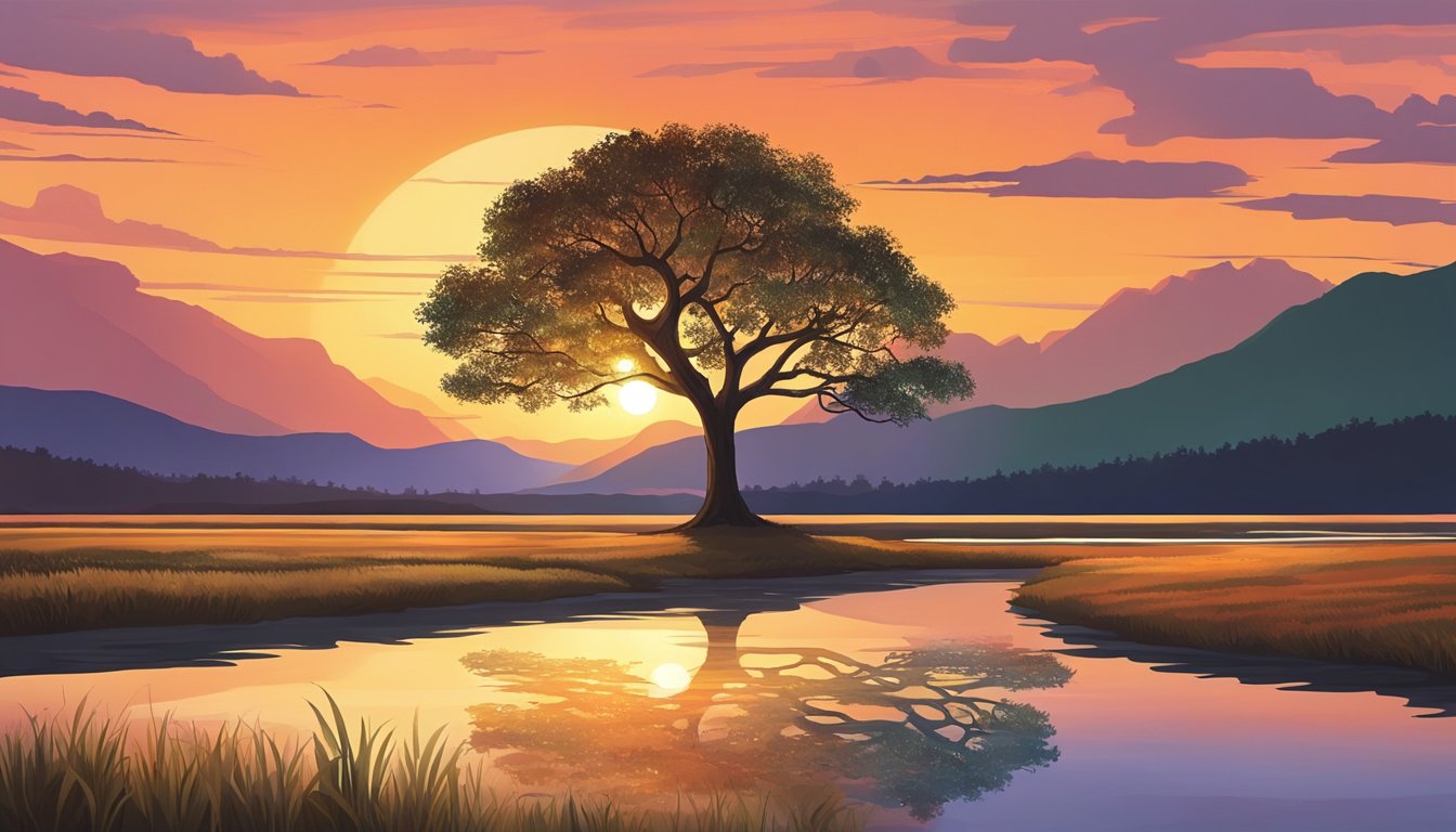 A lone tree stands tall against a vibrant sunset, casting a long shadow on the ground. Nearby, a flowing river reflects the warm colors of the sky, symbolizing the enduring legacy of personal triumph