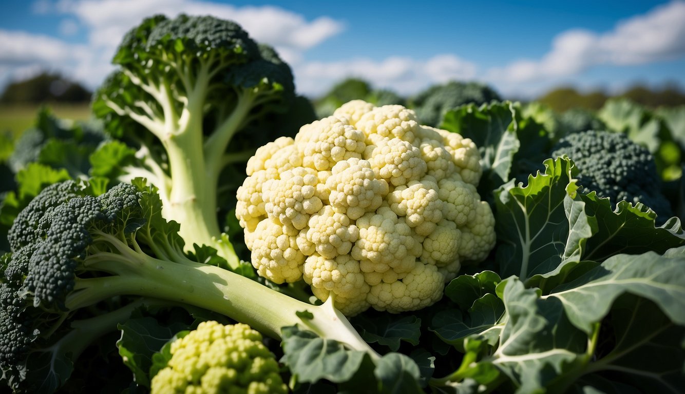 A colorful array of broccoli, kale, and cauliflower, surrounded by vibrant green leaves and a bright blue sky, symbolizing the potential health benefits of cruciferous vegetables