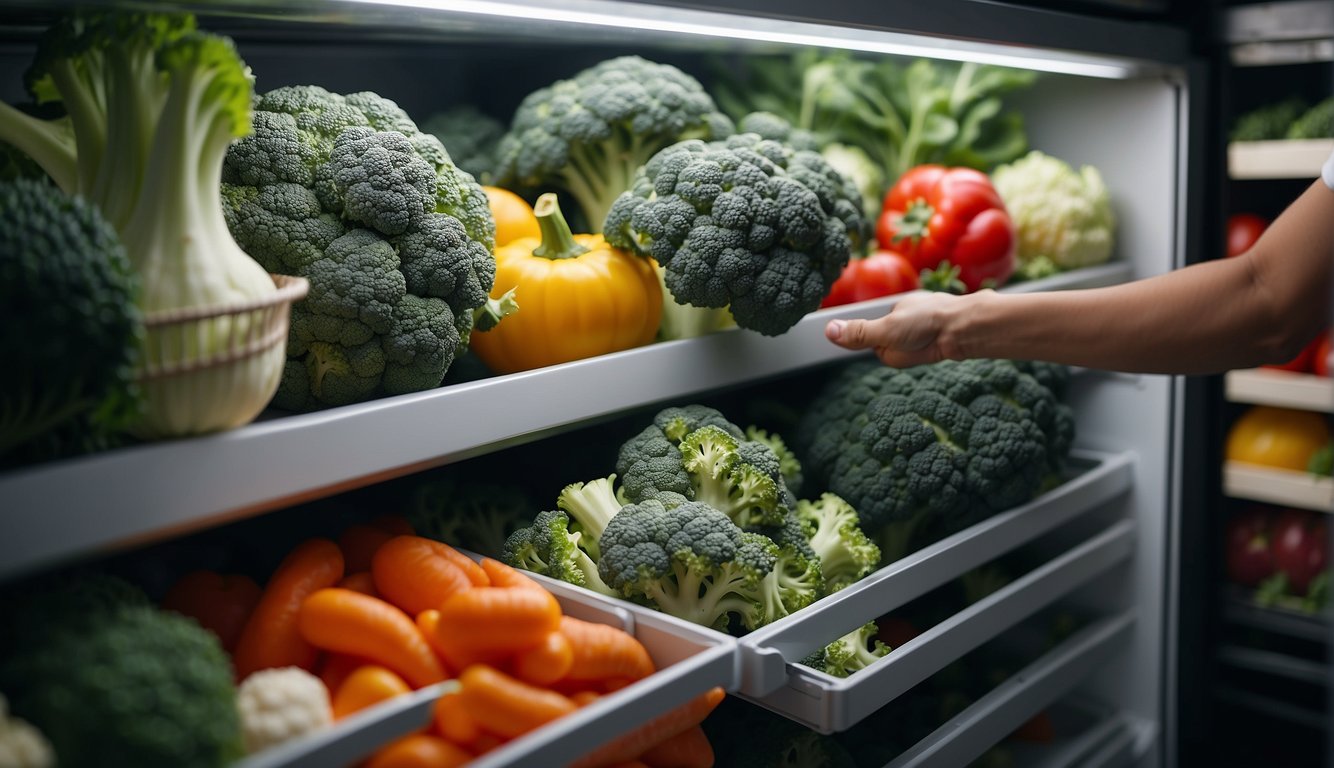 A hand reaches for broccoli, kale, and cauliflower. A fridge door opens to reveal a drawer full of colorful cruciferous vegetables
