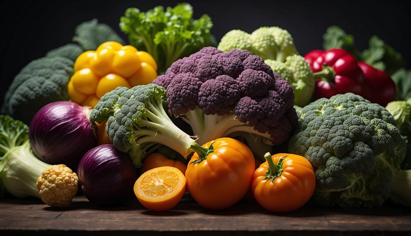 A colorful array of cruciferous vegetables arranged on a vibrant background, with text emphasizing their health benefits