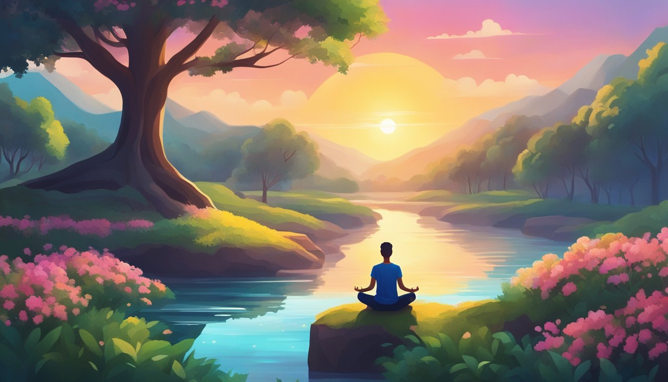A serene landscape with a vibrant sunset, a winding river, and lush greenery. A person meditates under a tree, surrounded by symbols of joy and fulfillment
