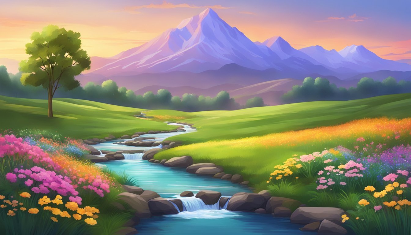 A serene landscape with a colorful sunset, blooming flowers, and a tranquil stream flowing through a lush green meadow