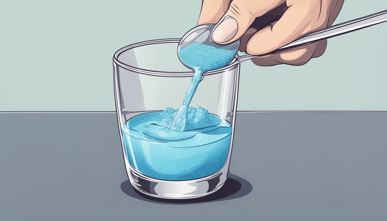 A hand pours pre-workout powder into a glass of water, stirring it with a spoon until fully dissolved