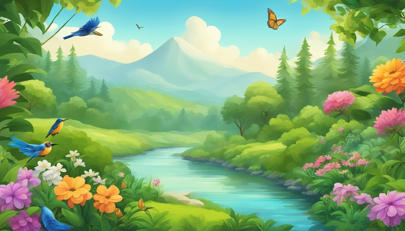 A lush green landscape with colorful flowers, birds, and butterflies. A serene river flows through the scene, surrounded by diverse plant life