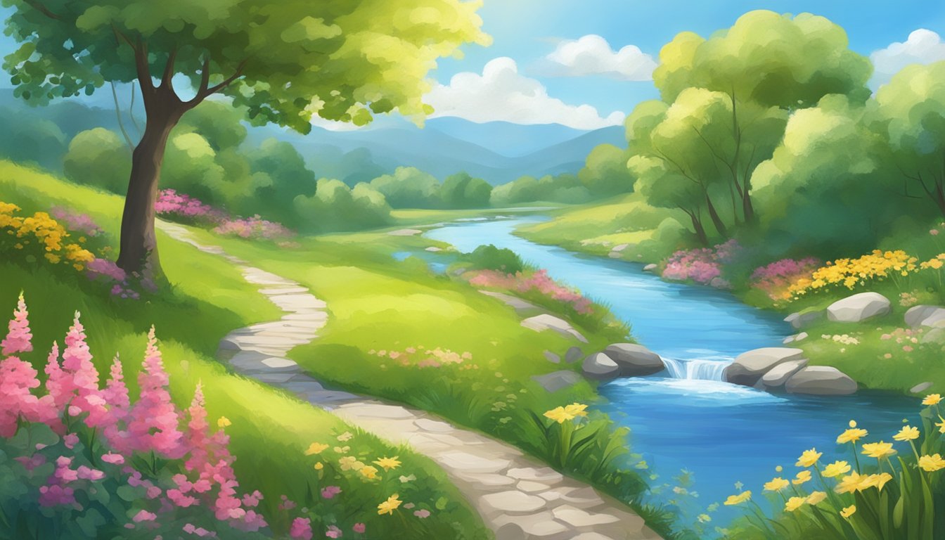 A sunny landscape with a winding river, lush greenery, and colorful flowers. A clear blue sky with fluffy white clouds overhead