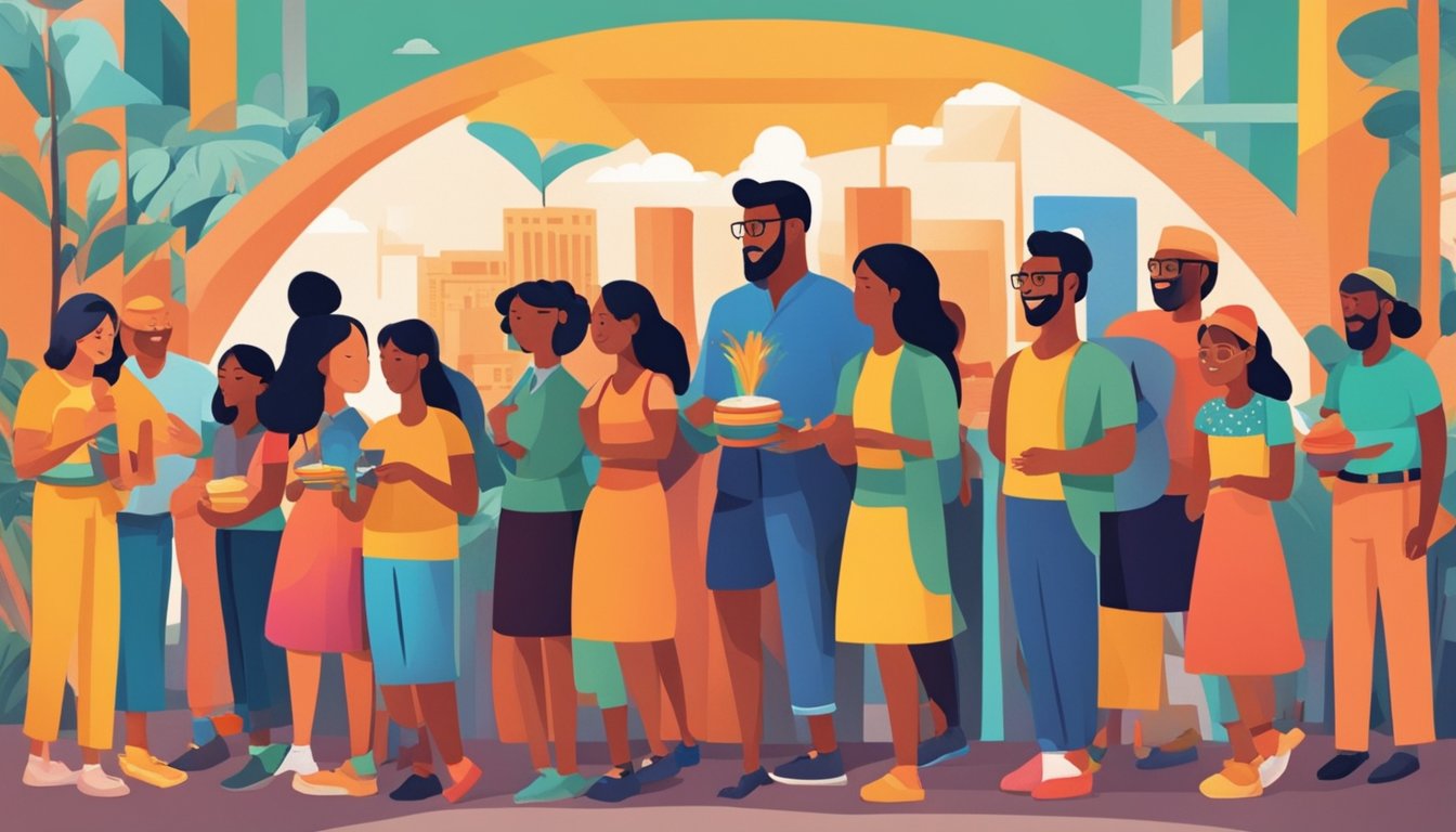 A diverse group of people engaged in meaningful activities, reflecting their cultural backgrounds and values. The scene is filled with vibrant colors and symbols of happiness