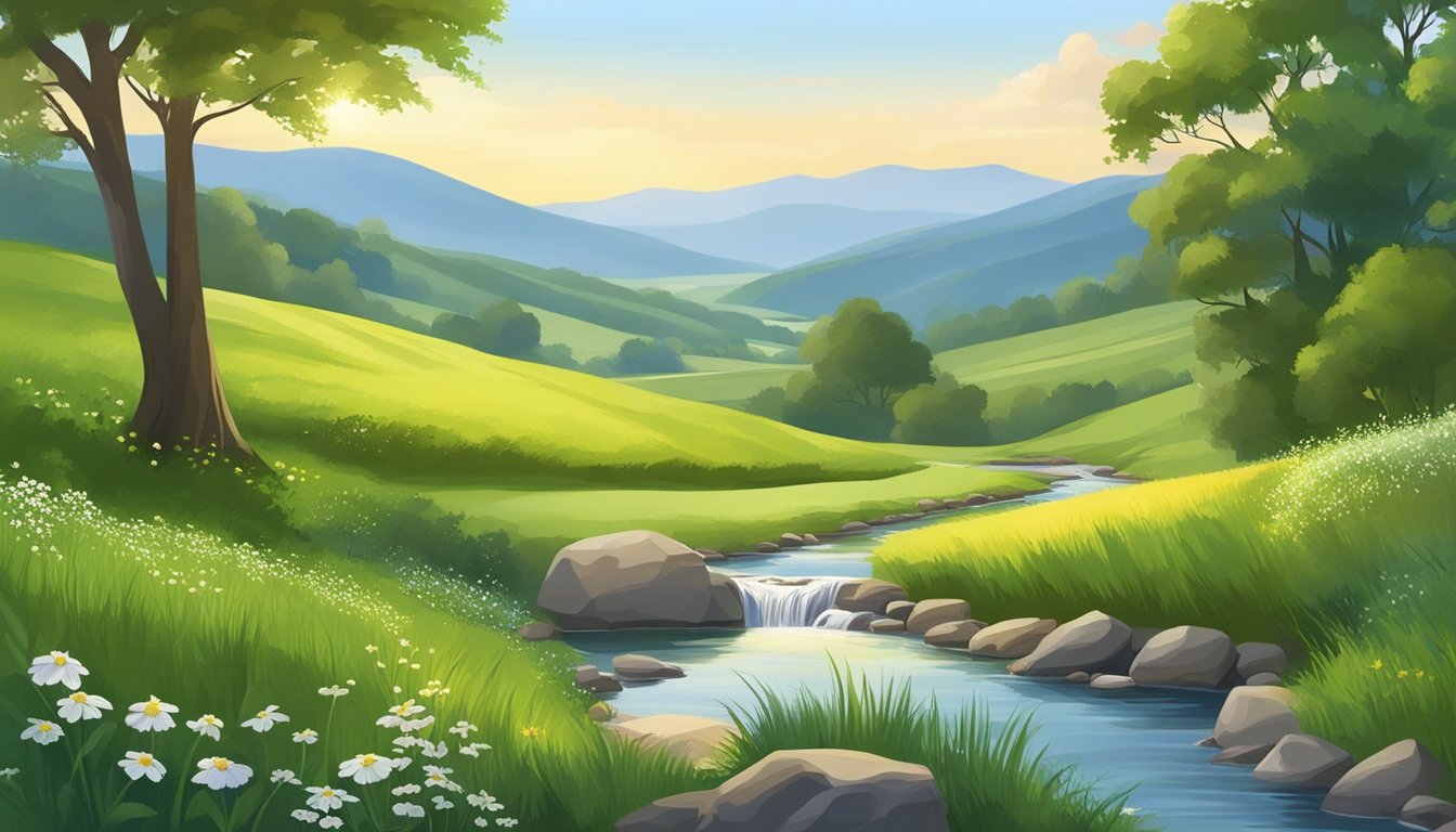 A serene landscape with a clear blue sky, rolling green hills, and a tranquil stream flowing through the scene. Wildflowers and trees dot the landscape, creating a peaceful and harmonious environment