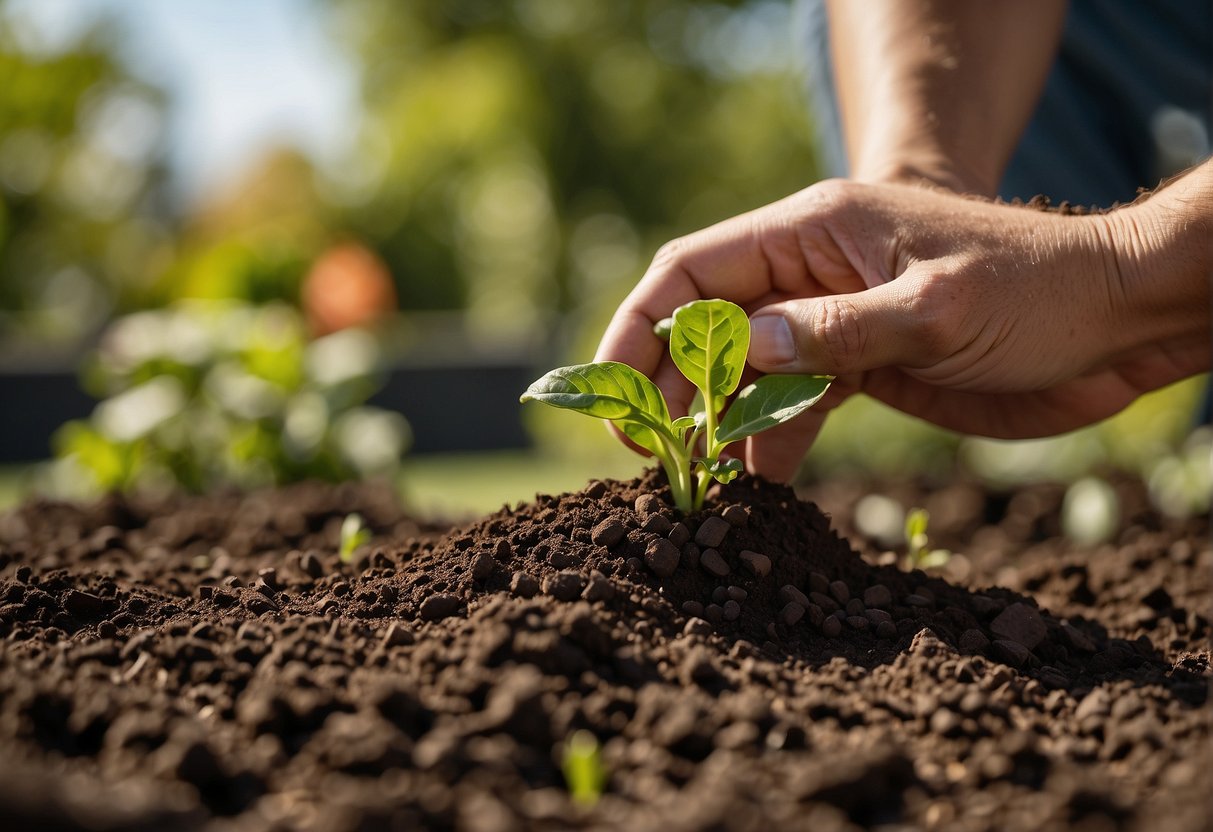 A hand reaches for rich, dark soil in a garden bed, preparing to plant pinto beans. The soil is loose and crumbly, perfect for fostering healthy growth
