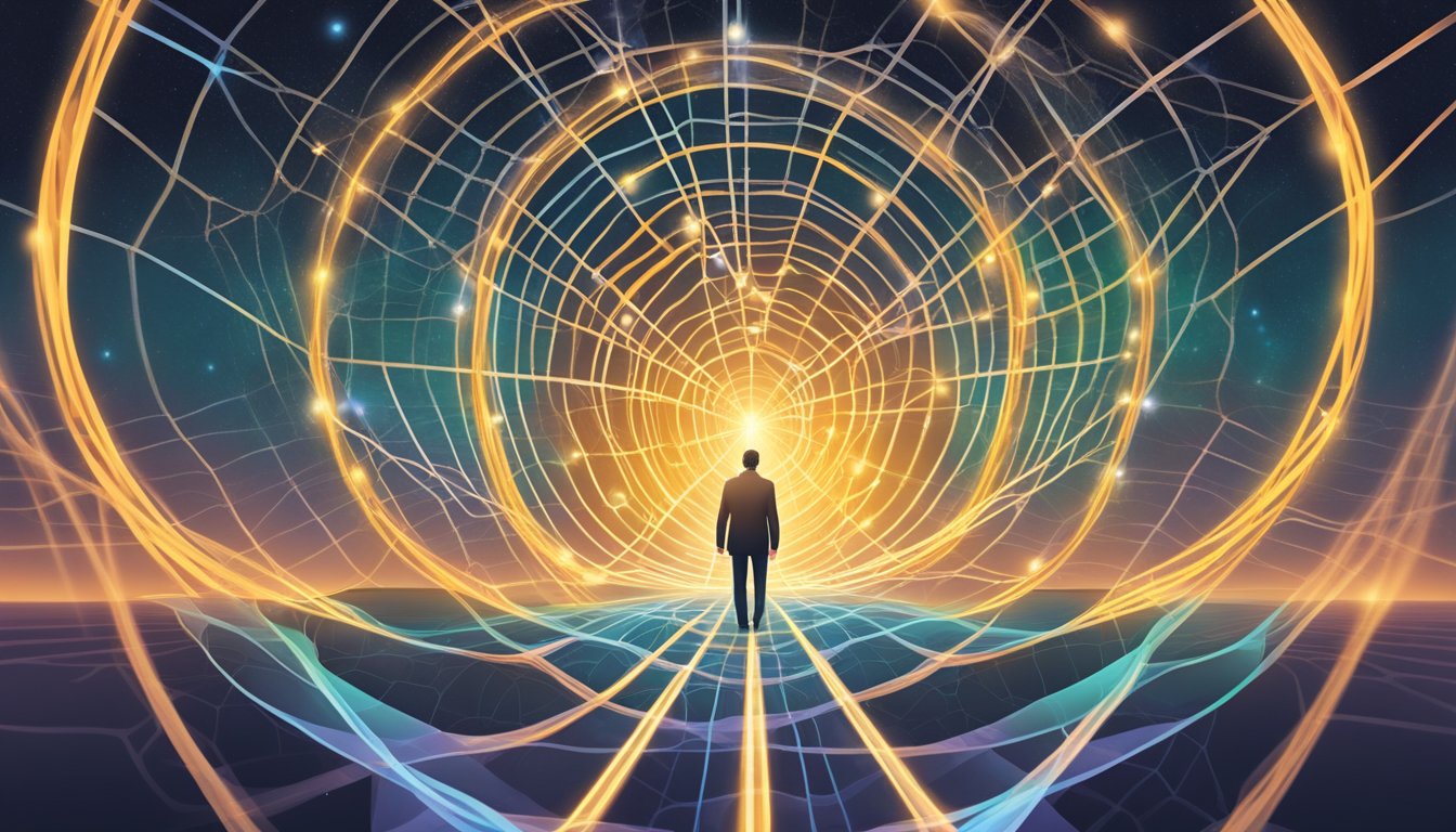 A serene, focused mind surrounded by a web of interconnected pathways leading towards a glowing, central goal