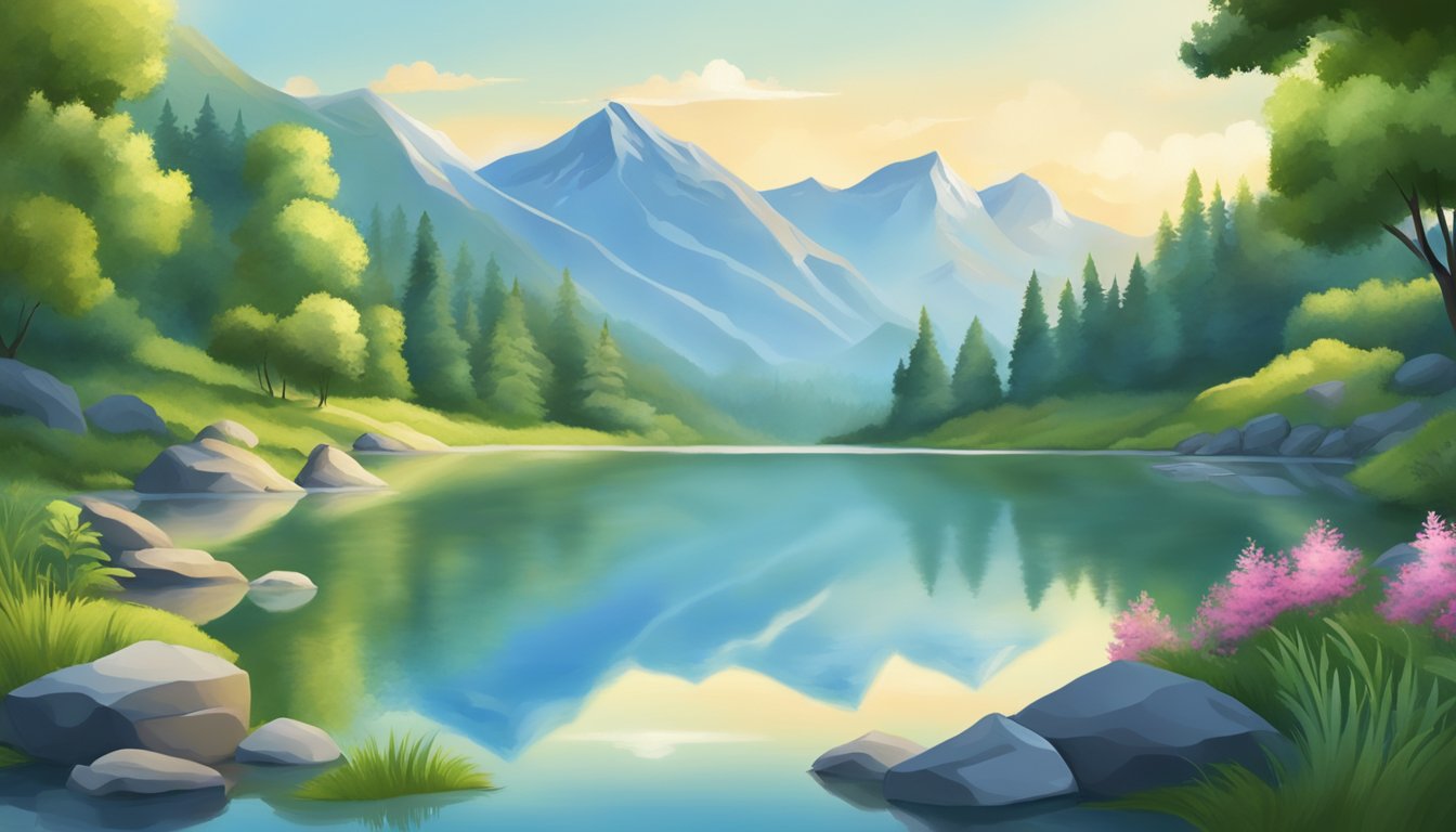 A serene mountain landscape with a clear blue sky, a tranquil lake, and lush greenery, symbolizing the harmony between mindfulness and goal achievement