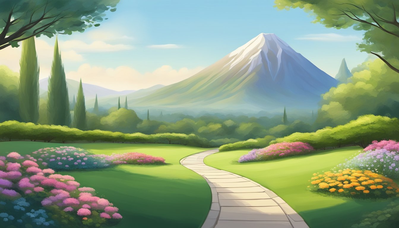 A tranquil garden with a clear path leading to a distant mountain, symbolizing the journey of setting and achieving mindful goals