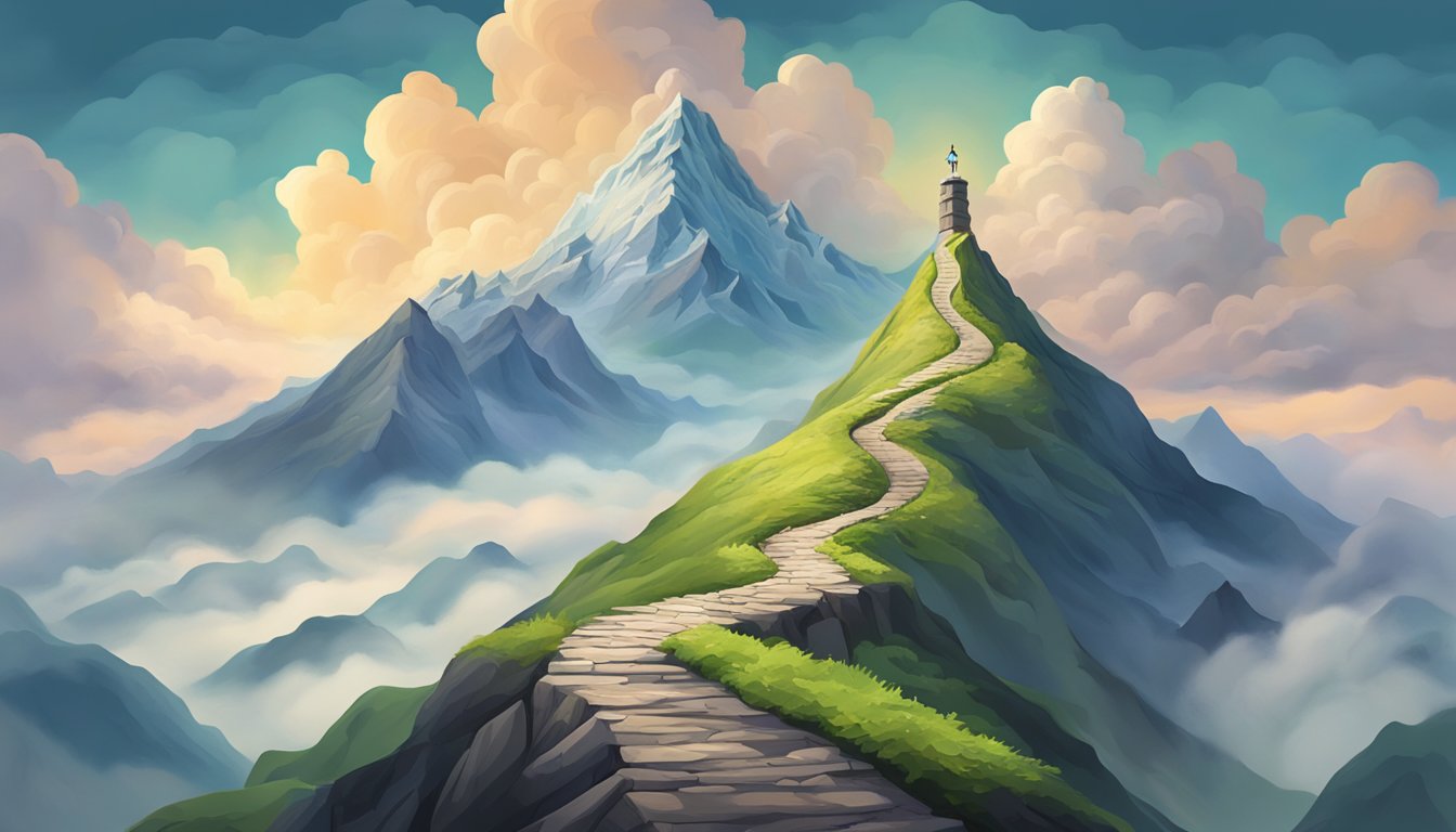 A mountain peak stands tall, surrounded by turbulent clouds. A small, winding path leads to the top, symbolizing the journey of overcoming challenges and achieving mindfulness and goals