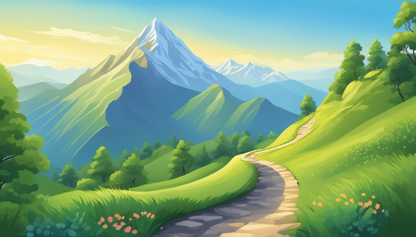 A winding path leads to a mountain peak, symbolizing progress and success. A clear blue sky and vibrant greenery surround the scene