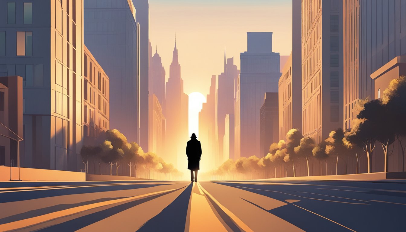 A lone figure stands on a deserted road, surrounded by towering buildings. The setting sun casts long shadows, creating an atmosphere of uncertainty and disillusionment