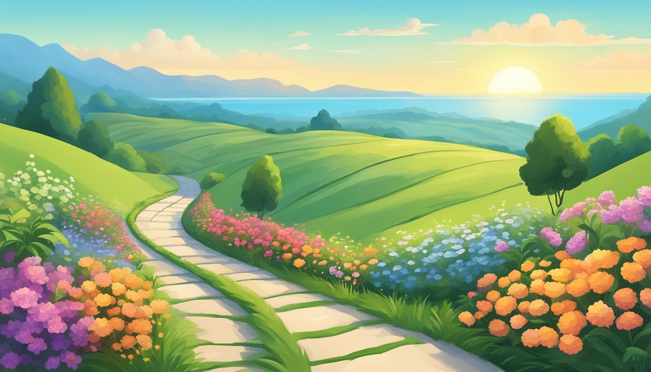 A serene landscape with a winding path leading to a distant horizon, surrounded by vibrant flowers and lush greenery, under a clear blue sky