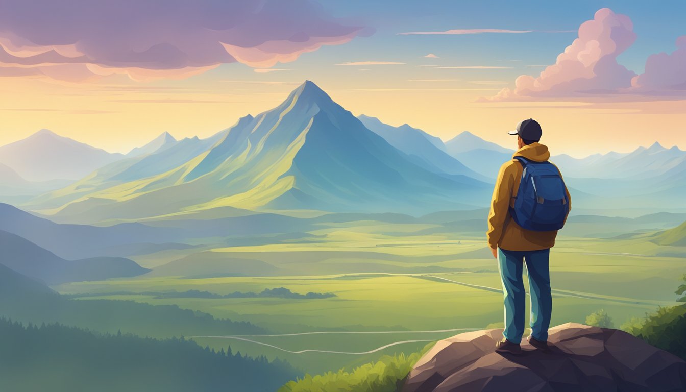 A person standing on a mountaintop, looking out at a distant horizon with a sense of accomplishment, only to realize that there is still a long journey ahead