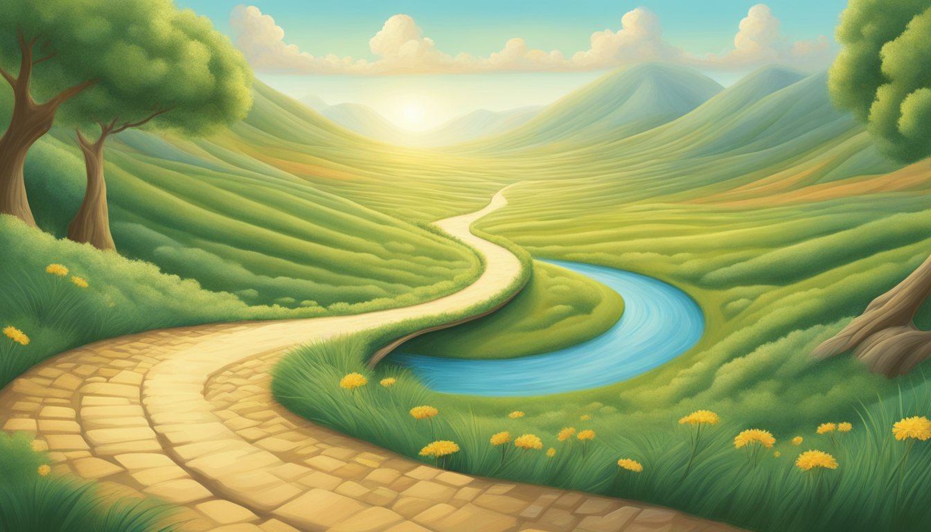 A winding path leads to a distant, unreachable destination. The illusion of arrival is depicted through a mirage of happiness just out of reach