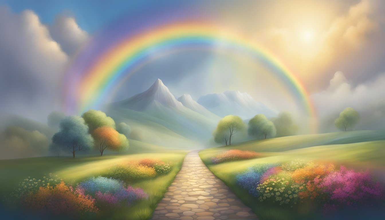 A winding path leads to a grand door, shrouded in mist. Above, a rainbow breaks through the clouds, symbolizing hope and fulfillment