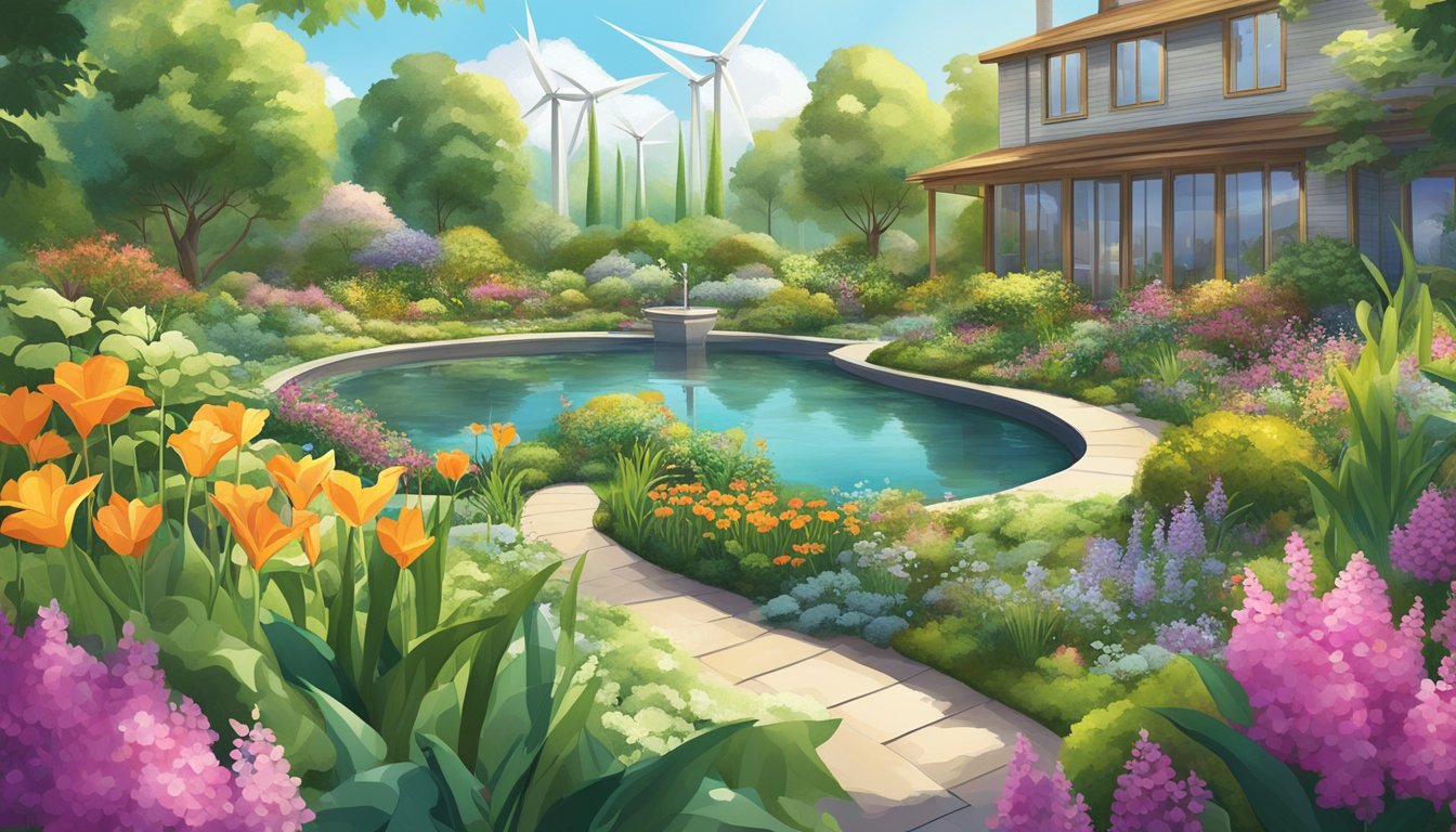 A lush, vibrant garden with blooming flowers and thriving plants, surrounded by renewable energy sources and sustainable infrastructure, representing the illusion of arrival and sustainable joy
