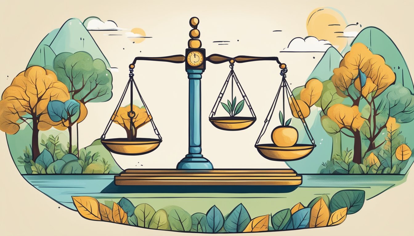 A scale with a balance tilted towards intrinsic goals, surrounded by nature and personal growth symbols