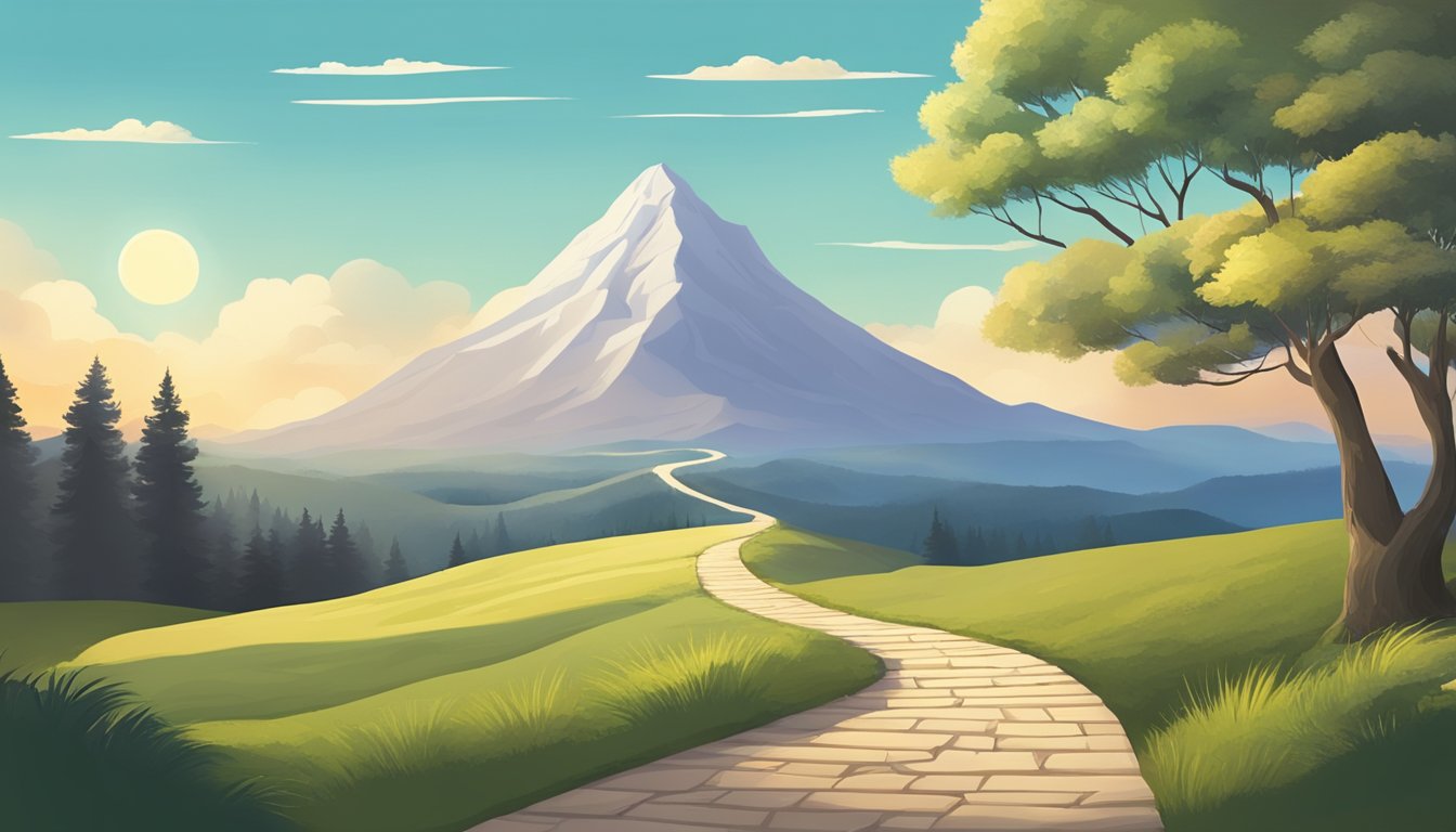A serene landscape with a path leading towards a distant mountain peak, symbolizing the journey towards setting effective goals