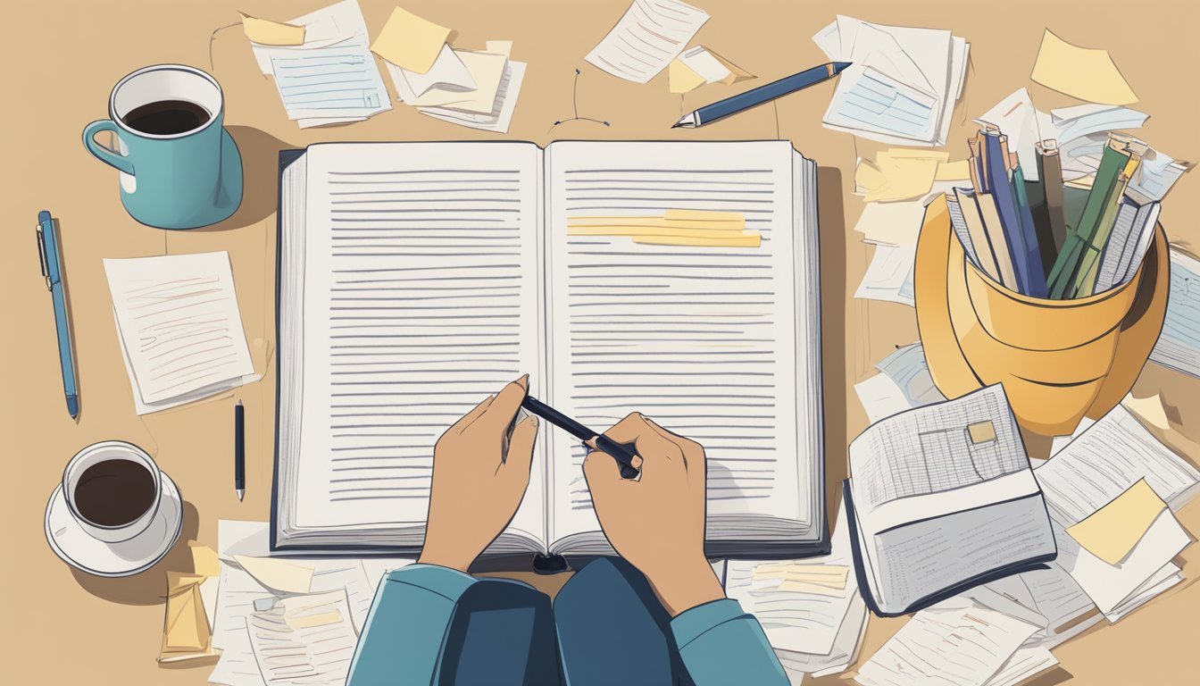 A person reading a book with two columns comparing intrinsic and extrinsic goals, surrounded by notes and a pen