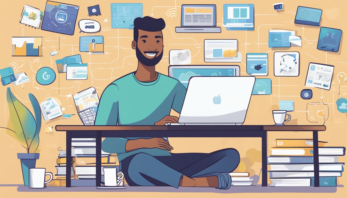 A person sitting at a desk with a laptop, surrounded by motivational quotes and images, while their social media feed is filled with goal-setting and happiness-related content