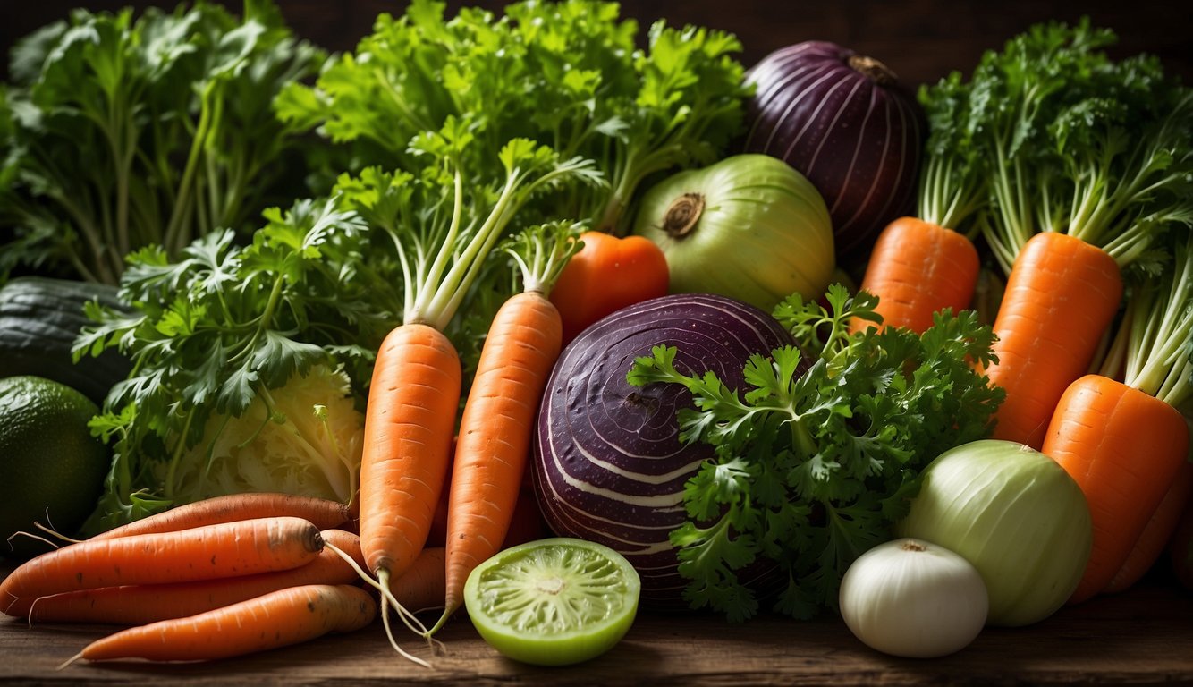 A colorful array of apiaceous vegetables, such as carrots, celery, and parsley, arranged in a bountiful display, with vibrant green leaves and crisp textures