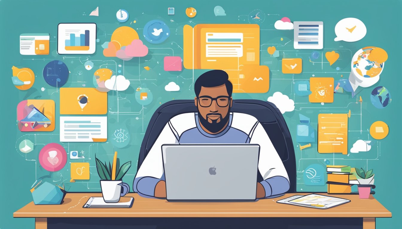 A person sits at a desk with a laptop open, surrounded by motivational quotes and images. Social media icons float around, representing the influence of online platforms on goal setting and happiness