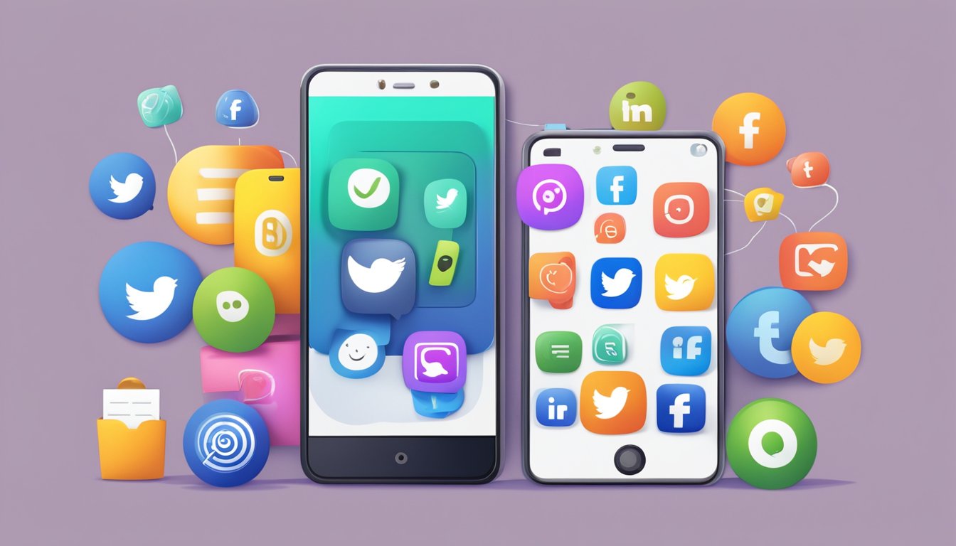 A smartphone with social media icons, a goal list, and a happy emoticon