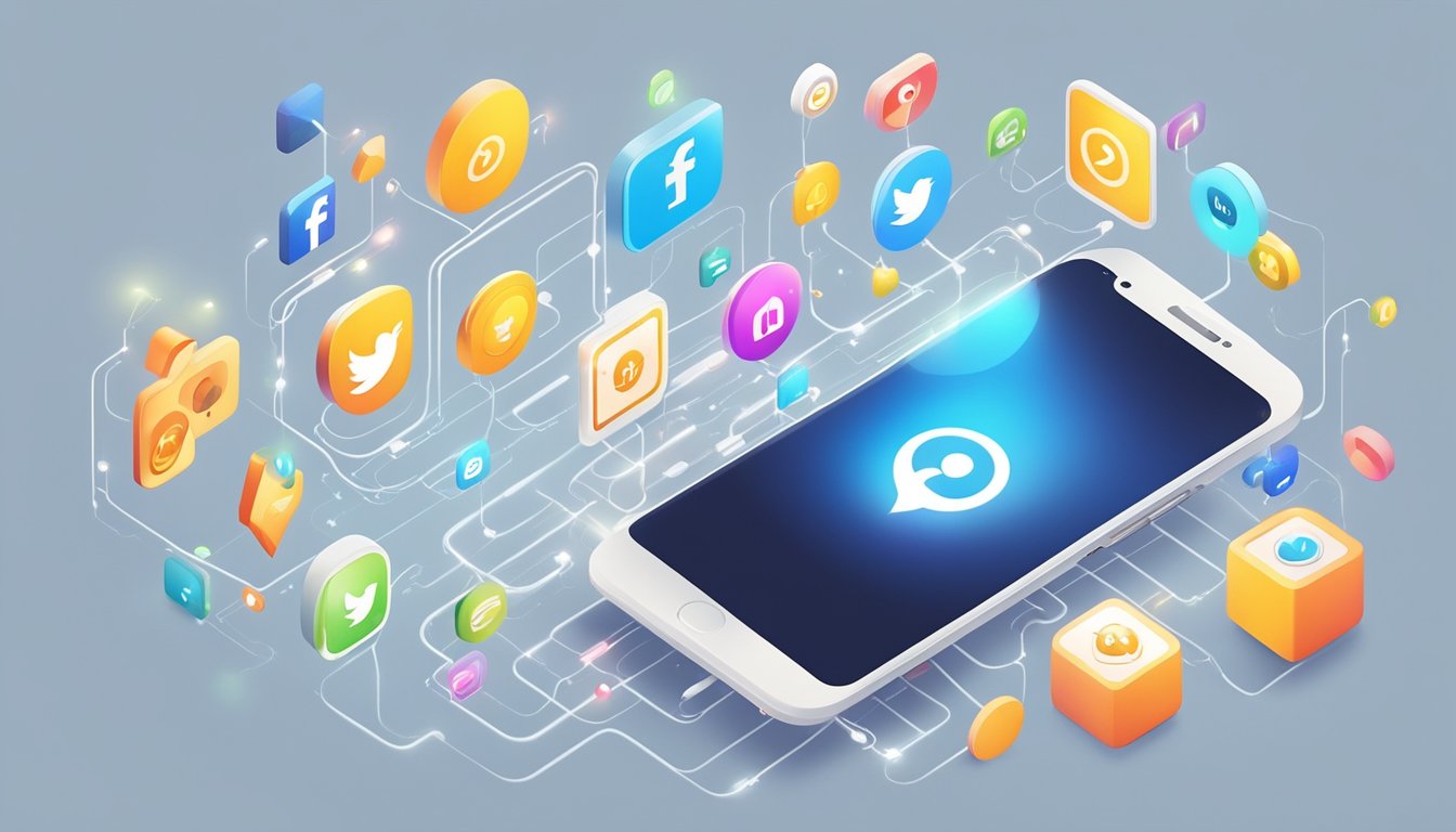 A smartphone emitting a bright glow, surrounded by various icons and symbols representing social media platforms. A scale displaying happiness on one side and social media on the other, with social media outweighing happiness