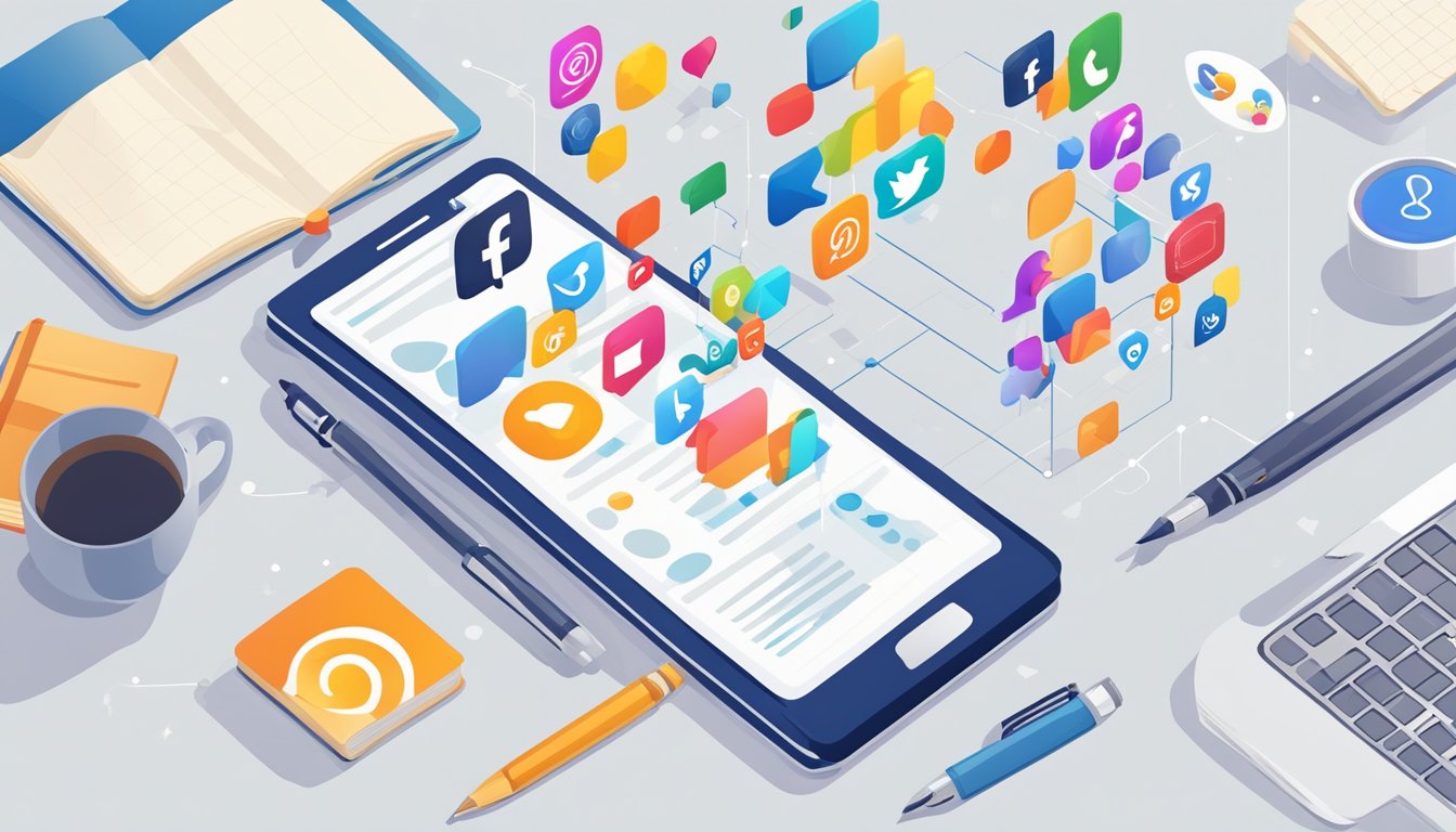 A person's phone sits next to a journal and pen, with social media icons hovering above, while a graph shows the correlation between social media use and happiness