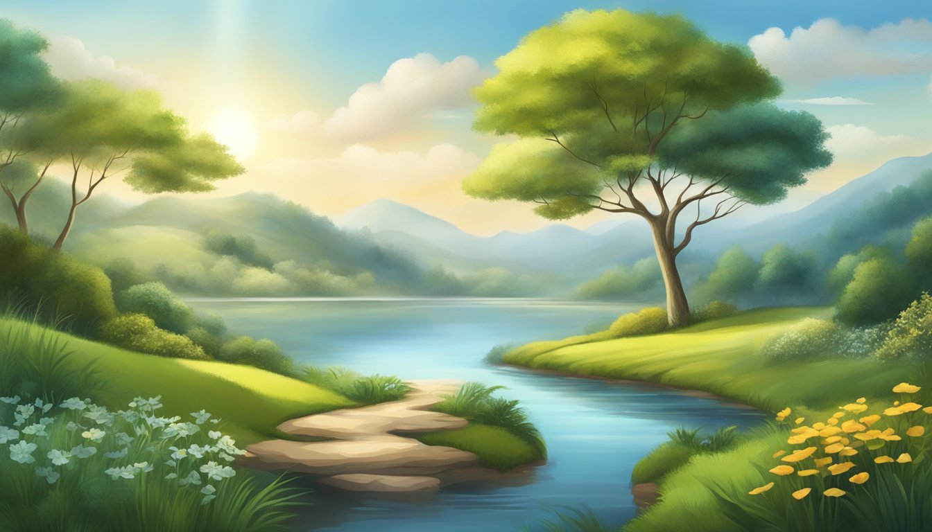 A serene landscape with a harmonious blend of natural and man-made elements, symbolizing the integration of intrinsic and extrinsic goals in a balanced life