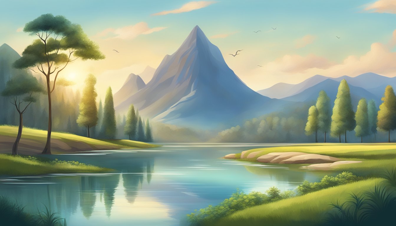 A serene landscape with a harmonious balance of natural and man-made elements, showcasing the integration of intrinsic and extrinsic goals