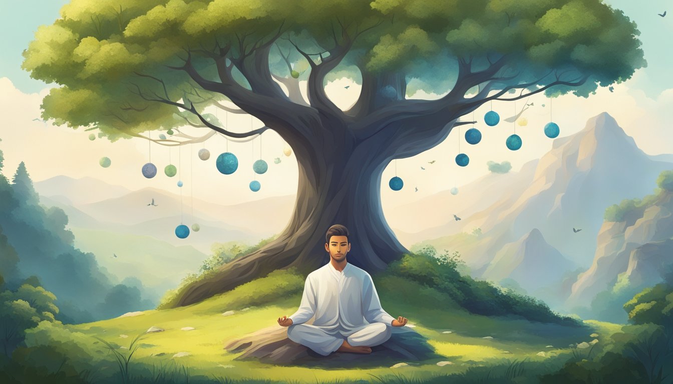 A serene landscape with a figure meditating under a tree, surrounded by symbols of personal growth and balance