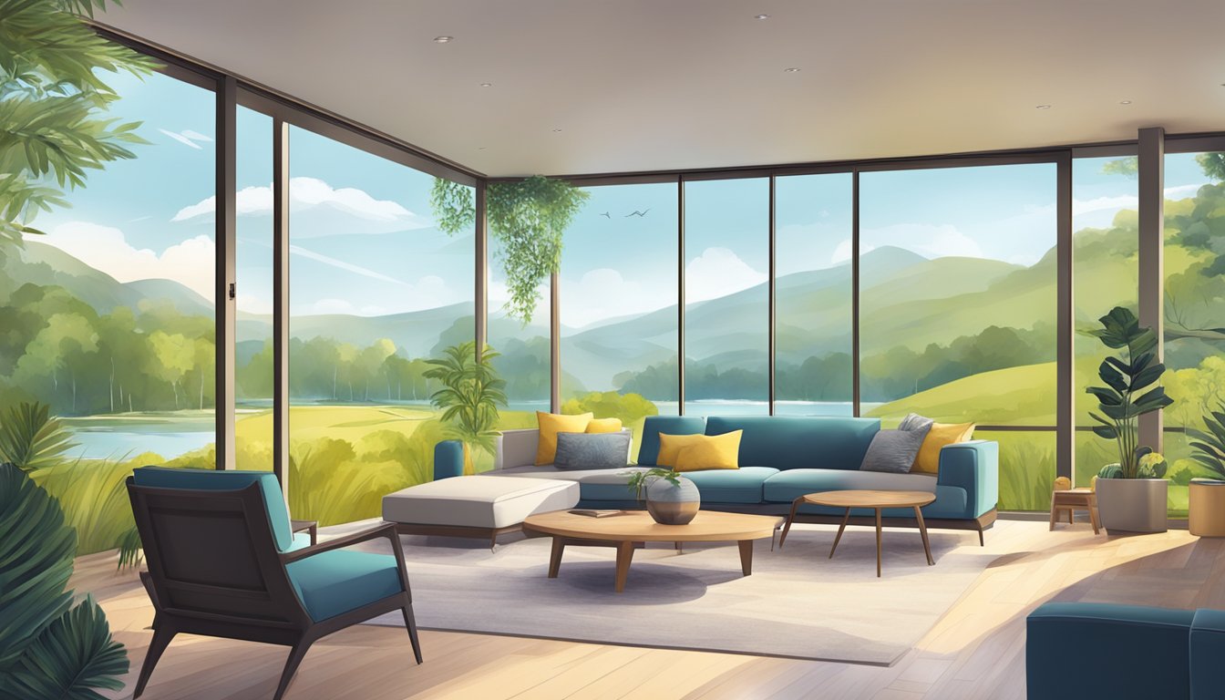 A serene landscape with a harmonious blend of nature and modern elements, showcasing a balance between work and leisure