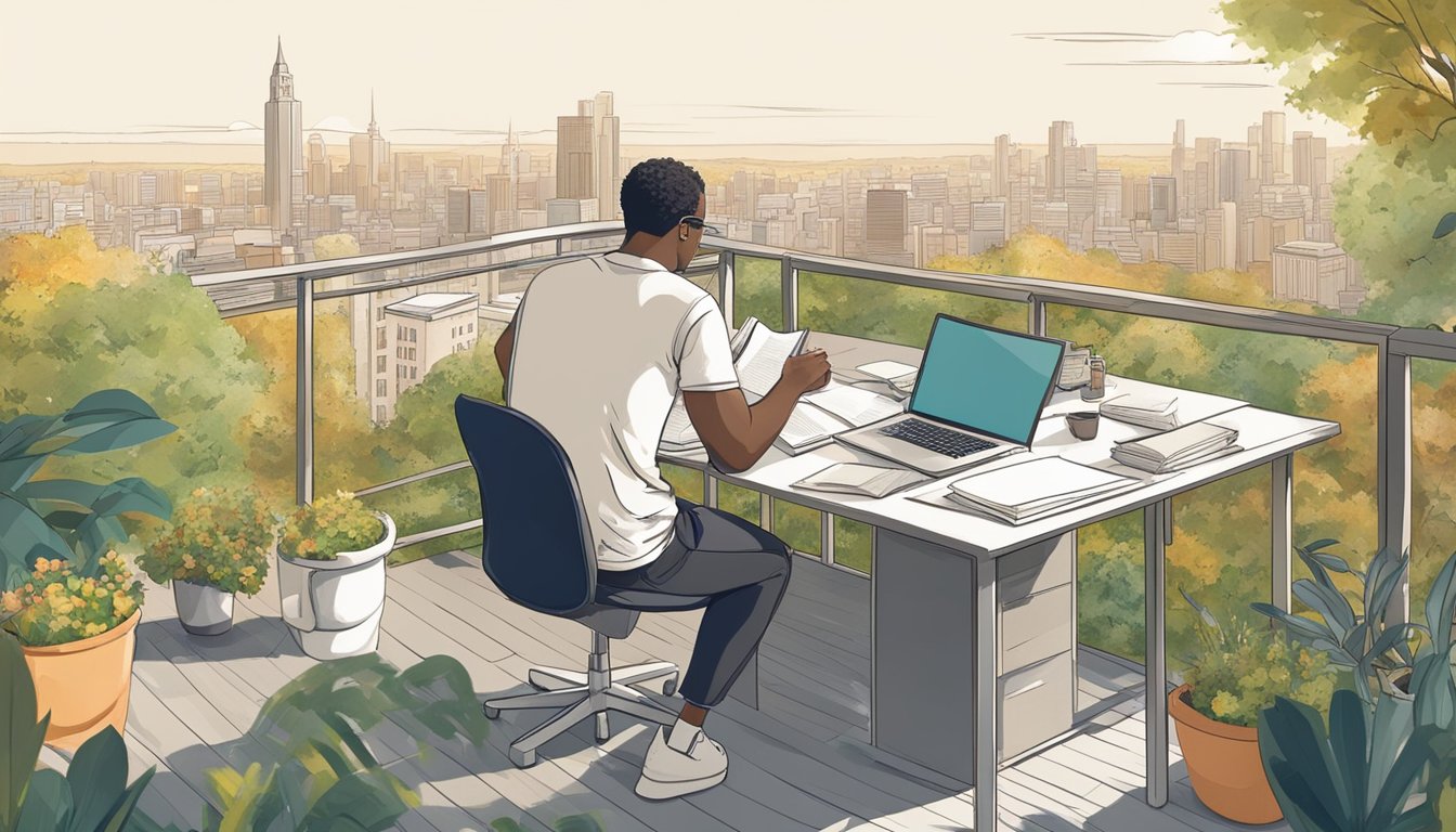 A person sitting at a desk, surrounded by nature and cityscape. They are engaged in various activities, such as reading, exercising, and working on a creative project. The scene conveys a sense of balance and fulfillment
