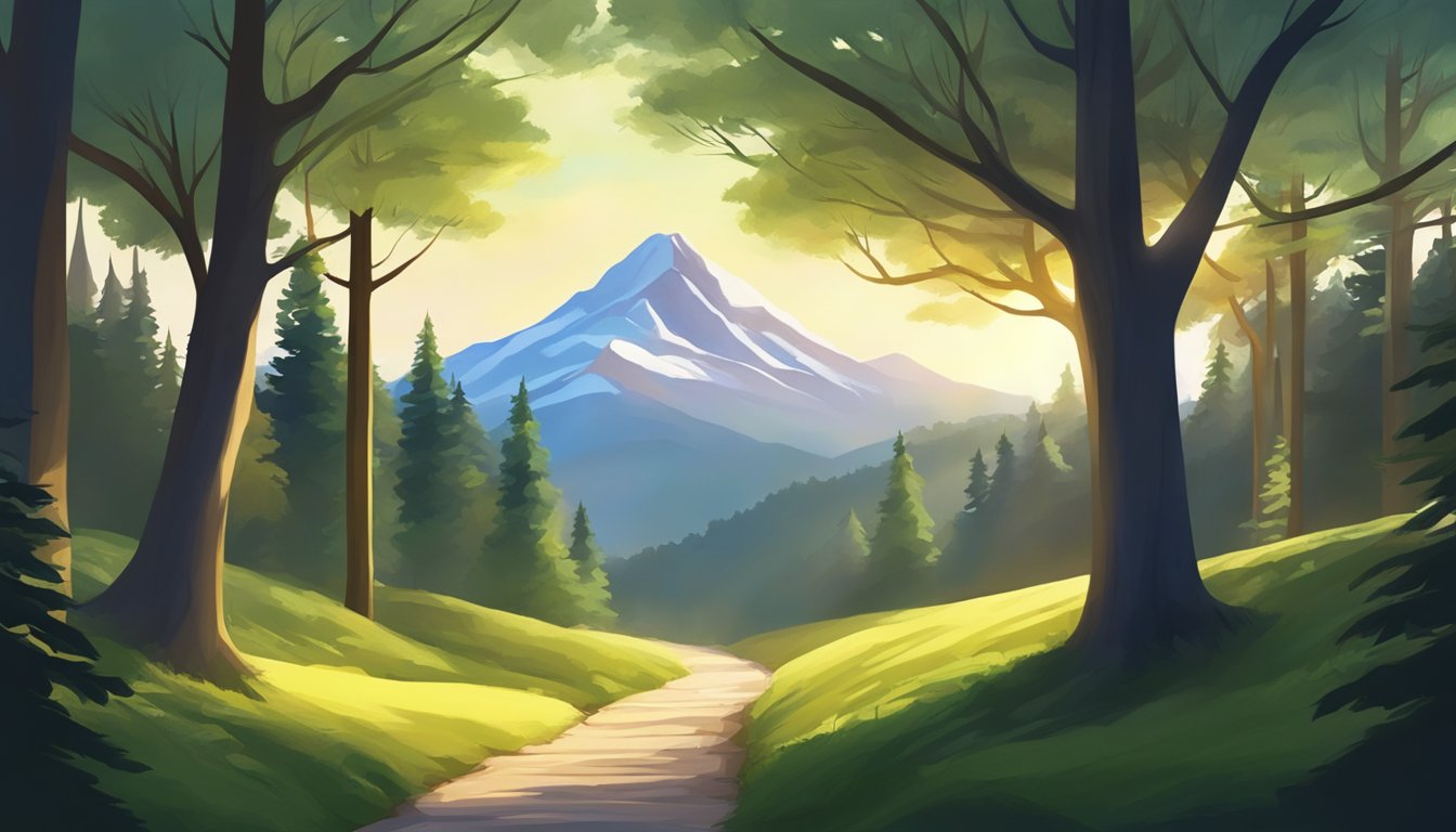 A serene forest with sunlight streaming through the trees, illuminating a path leading to a distant mountain peak