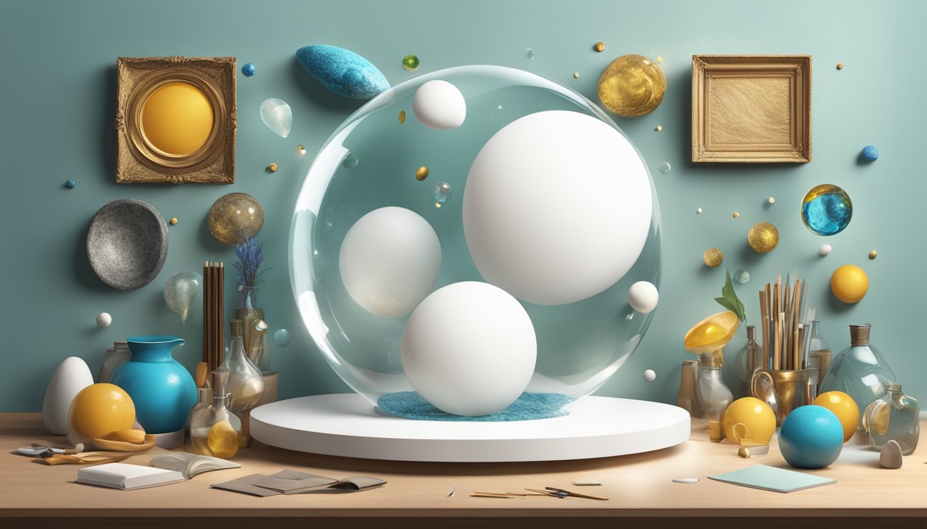 A blank canvas with a dream bubble floating above, surrounded by tangible objects symbolizing material wealth and intrinsic fulfillment