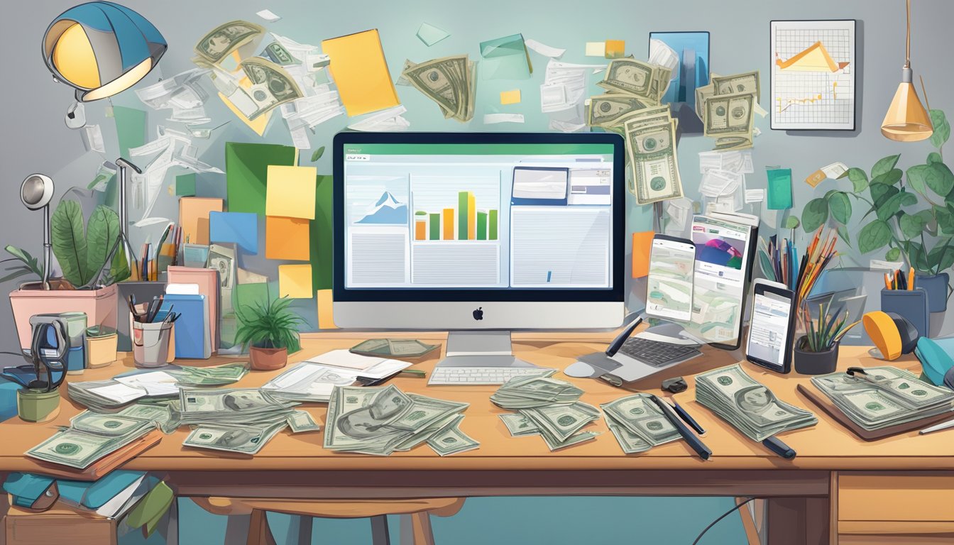 A cluttered desk with money, gadgets, and distractions. A clear path leads to a vision board with images of personal growth and fulfillment